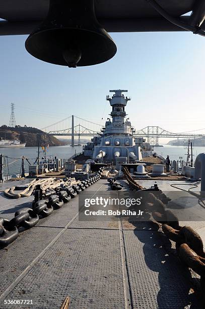 The USS Iowa - the world's last Battleship from WWII era is towed by tugboats from the Navy mothball fleet in Benicia, CA on it's 1st leg of its...