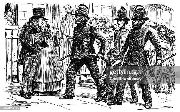 drei viktorianischen polizisten halten, sondern auch ein junge in der straße - arrest stock-grafiken, -clipart, -cartoons und -symbole