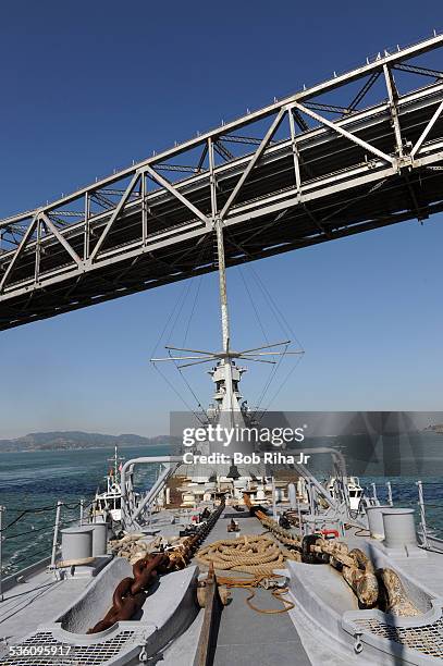 The USS Iowa - the world's last Battleship from WWII era is towed by tugboats from the Navy mothball fleet in Benicia, CA on it's 1st leg of its...