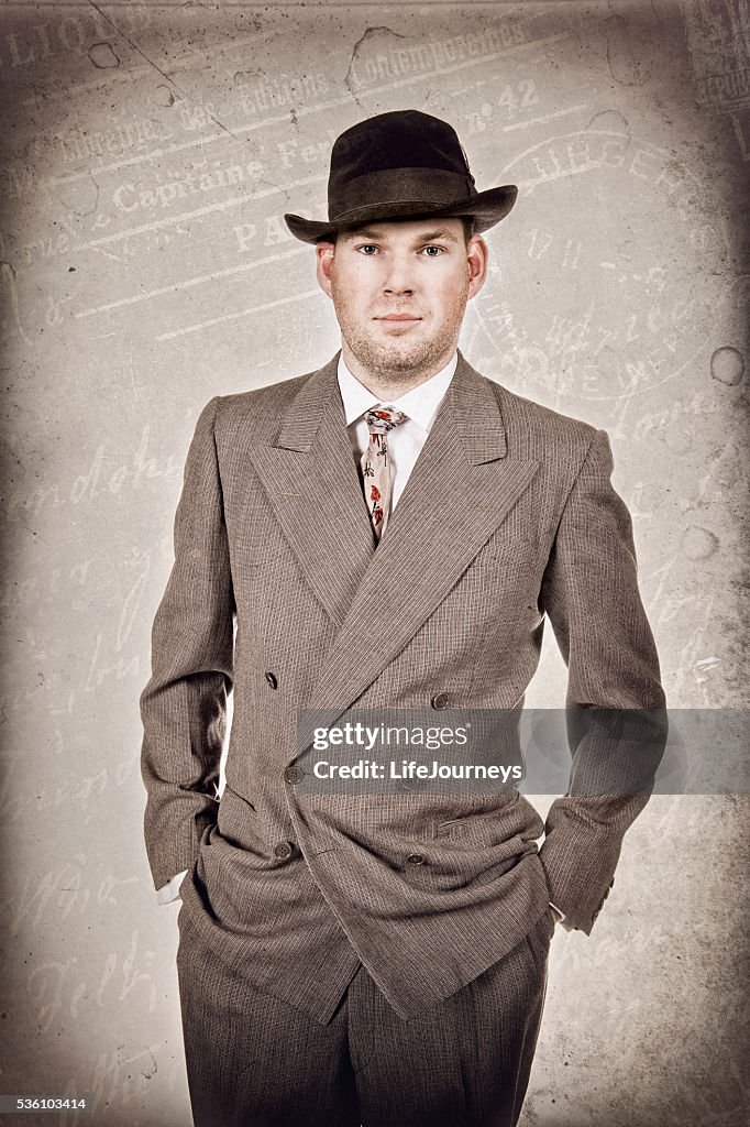 1940's Business Man In Suit Hat and Tie
