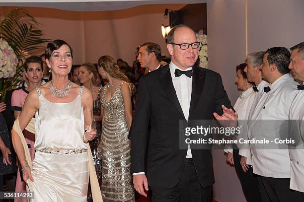 Princess Caroline of Hanover and Prince Albert II of Monaco attend the Rose Ball 2015 in aid of the Princess Grace Foundation at Sporting Monte-Carlo...