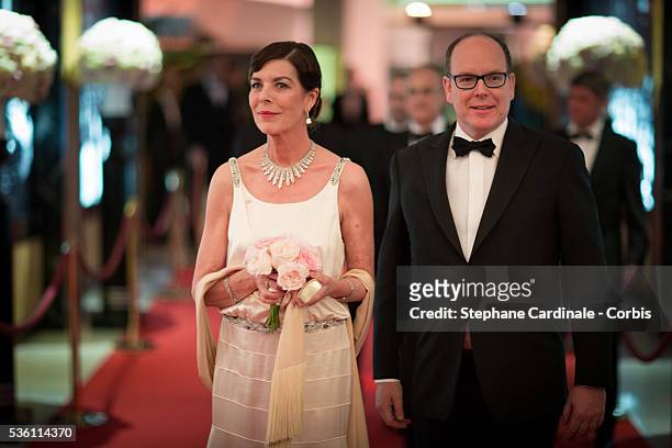 Prince Albert II of Monaco and Princess Caroline of Hanover attend the Rose Ball 2015 in aid of the Princess Grace Foundation at Sporting Monte-Carlo...