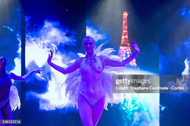 Dancers perform on stage during the 'Paris Merveilles', Lido New Revue show at Le Lido on April 8, 2015 in Paris, France.