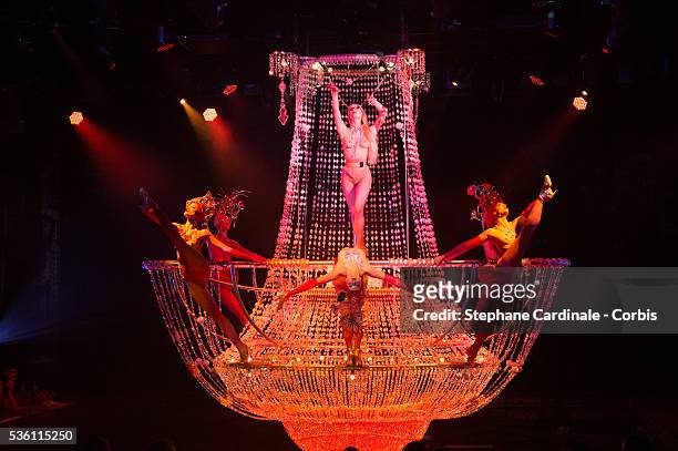 Dancers perform on stage during the 'Paris Merveilles', Lido New Revue show at Le Lido on April 8, 2015 in Paris, France.