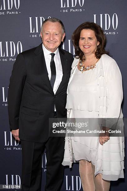 Jean-Michel Aulas and Nathalie Bellon-Szabo, president of the Lido cabaret attend the Paris Merveilles', Lido New Revue : The Show At Opening Gala In...