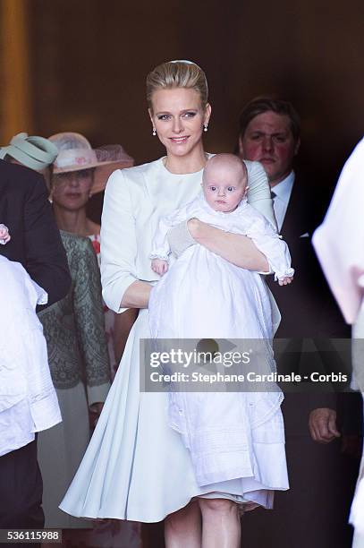 Princess Charlene of Monaco and Prince Jacques of Monaco attend The Baptism Of The Princely Children at The Monaco Cathedral on May 10, 2015 in...