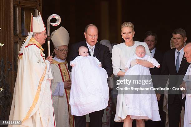 Prince Albert II of Monaco, Princess Gabriella of Monaco, Prince Jacques of Monaco and Princess Charlene of Monaco attend The Baptism Of The Princely...