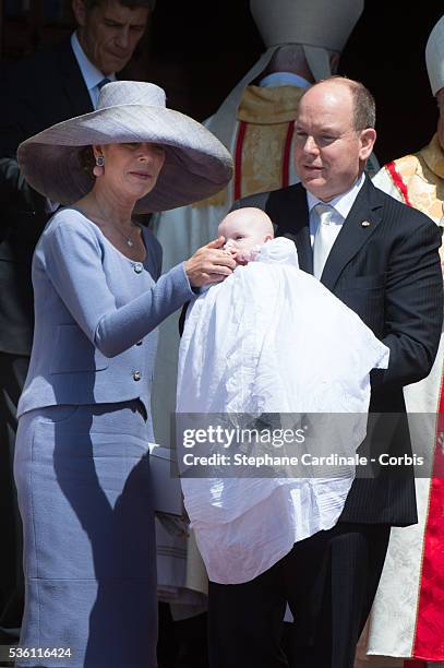 Princess Caroline of Hanover, Prince Albert II of Monaco and Princess Gabriella of Monaco attend The Baptism Of The Princely Children at The Monaco...