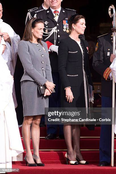 Princess Caroline of Hanover and HSH Princess Stephanie of Monaco leave the Cathedral after they attended the annual traditional Thanksgiving Mass as...