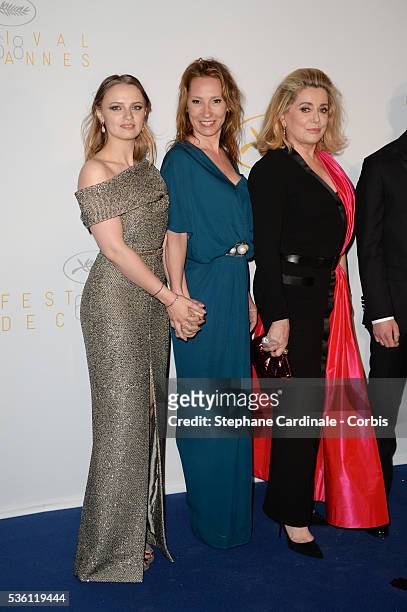Sara Forestier, Emmanuelle Bercot and Catherine Deneuve attend the Opening Ceremony dinner during the 68th annual Cannes Film Festival on May 13,...