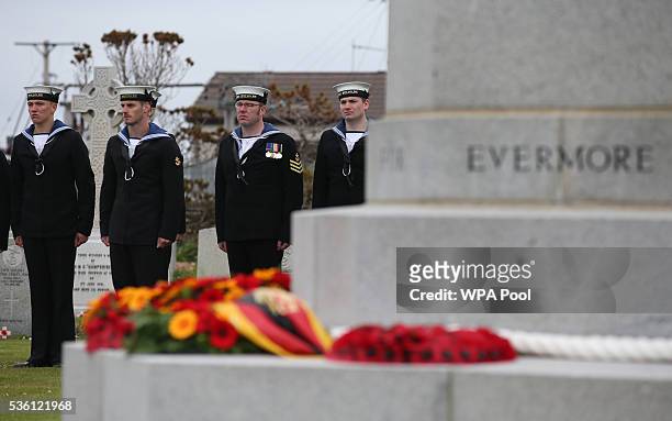 Sailors from HMS Bulwark attend a service at Lyness Cemetery during the 100th anniversary commemorations for the Battle of Jutland on May 31, 2016 in...