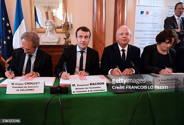 French Economy Minister Emmanuel Macron , French steel group Vallourec chief executive Philippe Crouzet , French aircraft engine maker Safran Group...