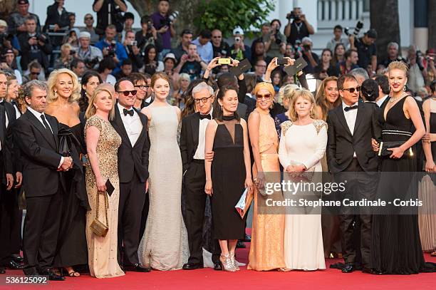 Emma Stone, Woody Allen, Soon-Yi Previn and Parker Posey attend the "Irrational Man" Premiere during the 68th Cannes Film Festival