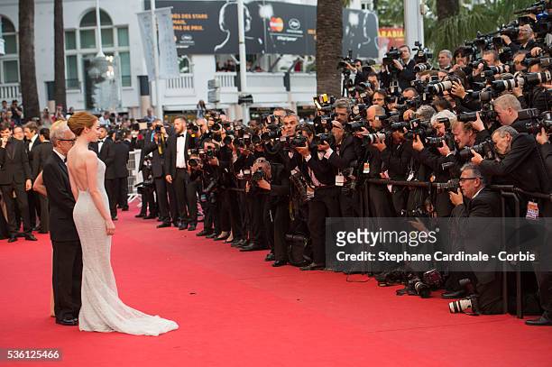 Emma Stone and Woody Allen attend the "Irrational Man" Premiere during the 68th Cannes Film Festival