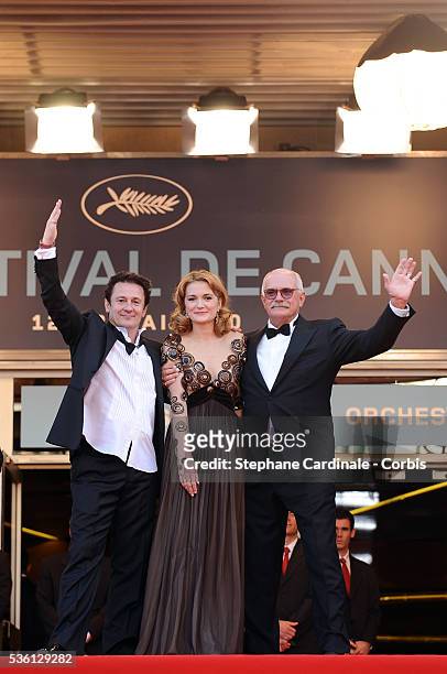 Oleg Menshikov, Nikita Mikhalkov and Nadezhda Mihalkova attend the premiere for 'The Exodus - Burnt By The Sun 2' during the 63rd Cannes...