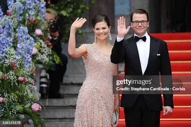 Crown Princess Victoria of Sweden and fiance Daniel Westling arrives to attend the Government Gala Performance for the Wedding of Crown Princess...