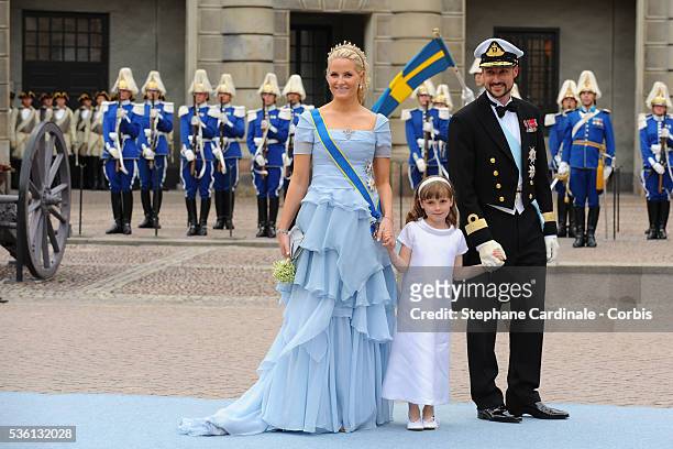 Crown Princess Mette Marit of Norway, Crown Prince Haakon of Norway and daughter Princess Ingrid-Alexandra attend the wedding of Crown Princess...