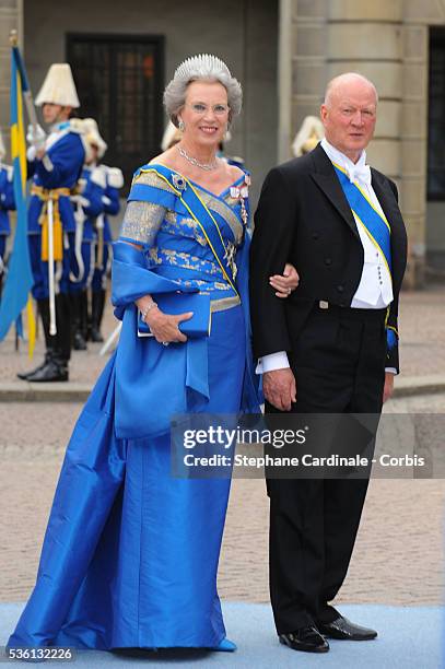 Princess Benedikte and Prince Richard zu Sayn-Wittgenstein-Berleburg attend the wedding of Crown Princess Victoria of Sweden and Daniel Westling on...