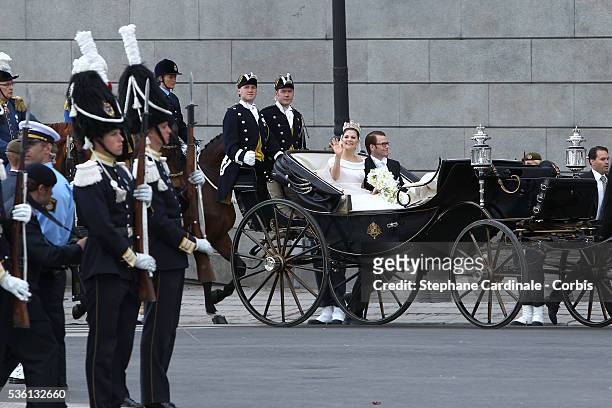 Crown Princess Victoria of Sweden, Duchess of Västergötland, and her husband Prince Daniel, Duke of Västergötland, are seen after their wedding...