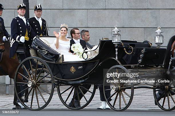 Crown Princess Victoria of Sweden, Duchess of Västergötland, and her husband Prince Daniel, Duke of Västergötland, are seen after their wedding...