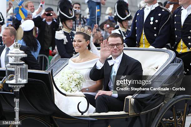 Crown Princess Victoria of Sweden, Duchess of Västergötland, and her husband Prince Daniel, Duke of Västergötland, are seen after their wedding...