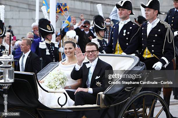 Crown Princess Victoria of Sweden, Duchess of Västergötland, and her husband Prince Daniel, Duke of Västergötland, are seen after their wedding...