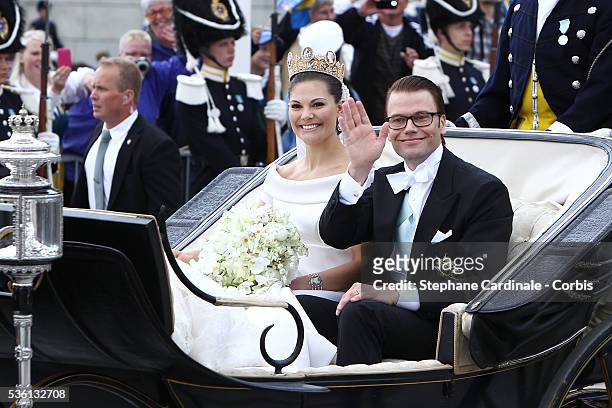 Crown Princess Victoria of Sweden, Duchess of Västergötland, and her husband Prince Daniel, Duke of Västergötland, are seen after their wedding...