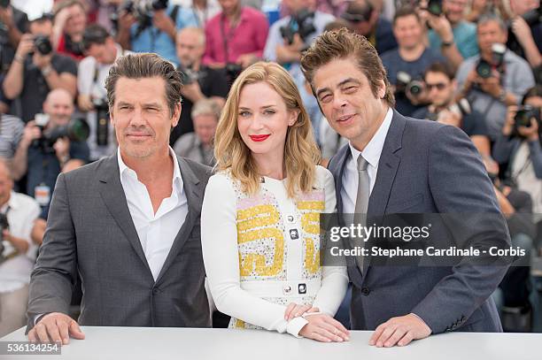 Benicio Del Toro, Emily Blunt and Josh Brolin attends the "Sicario" Photocall during the 68th Cannes Film Festival