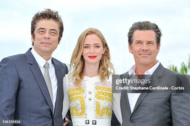 Benicio Del Toro, Emily Blunt and Josh Brolin attends the "Sicario" Photocall during the 68th Cannes Film Festival