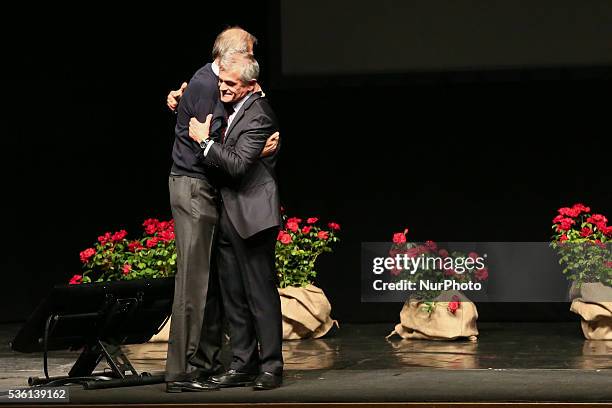 The President of the Piedmont Region and the Mayor Sergio Chiamparino and Piero Fassino embrace, at the Teatro Alfieri, for the closing of the...