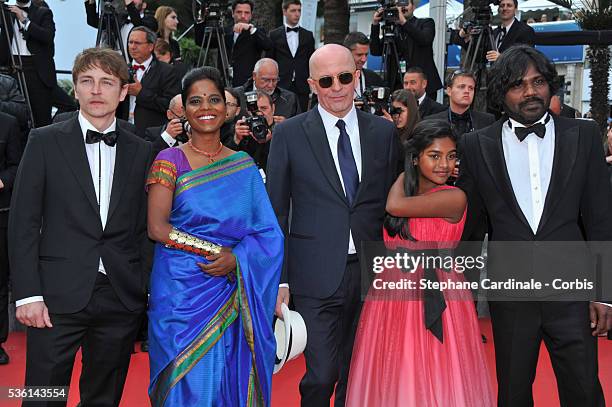 Vincent Rottiers, Kalieaswari Srinivasan, Jacques Audiard, Claudine Vinasithamby and Jesuthasan Antoythasan attend the Premiere of 'Dheepan' during...