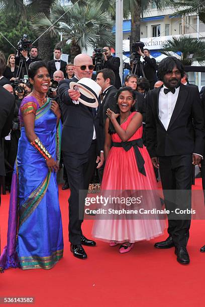 Kalieaswari Srinivasan, Jacques Audiard, Claudine Vinasithamby and Jesuthasan Antoythasan attend the Premiere of 'Dheepan' during the 68th Cannes...
