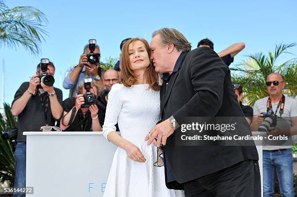 Isabelle Huppert and Gerard Depardieu attend the 'Valley Of Love' Photocall during the 68th annual Cannes Film Festival on May 22, 2015