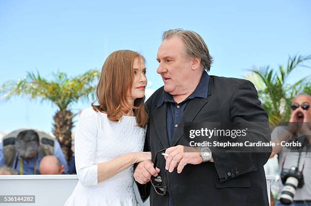 Isabelle Huppert and Gerard Depardieu attend the 'Valley Of Love' Photocall during the 68th annual Cannes Film Festival on May 22, 2015