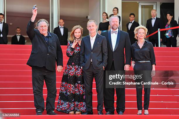 Gerard Depardieu, Isabelle Huppert, Guillaume Nicloux, Dan Warner and Frederique Bredin attend the 'Valley Of Love' Premiere during the 68th annual...