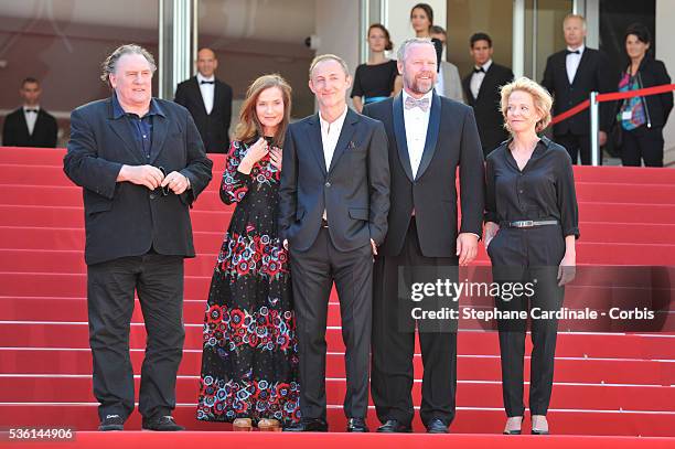 Gerard Depardieu, Isabelle Huppert, Guillaume Nicloux, Dan Warner and Frederique Bredin attend the 'Valley Of Love' Premiere during the 68th annual...