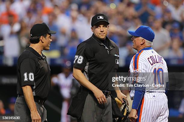 May 28: Manager Terry Collins of the New York Mets argues with umpire Adam Hamari who tossed Noah Syndergaard of the New York Mets out of the game...