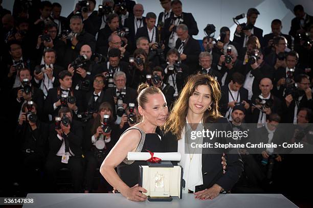Actress Emmanuelle Bercot , winner of the Best Performance by an Actress award for her performance in 'Mon Roi' poses with Maiwenn during a photocall...
