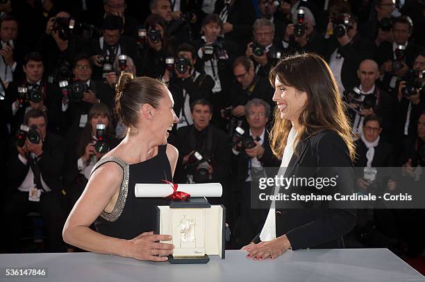 Actress Emmanuelle Bercot , winner of the Best Performance by an Actress award for her performance in 'Mon Roi' poses with Maiwenn during a photocall...