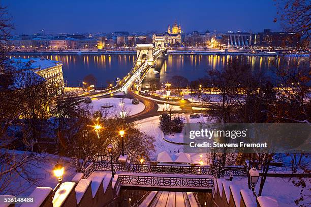 chain bridge, st. stephen's basilica and the river danube - budapest winter stock pictures, royalty-free photos & images