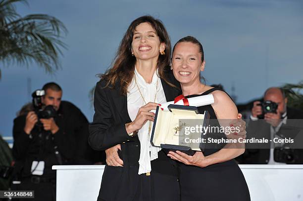 Maiwenn and Emmanuelle Bercot, winner of the Best Performance by an Actress award for her performance in 'Mon Roi' at a photocall for the winners of...