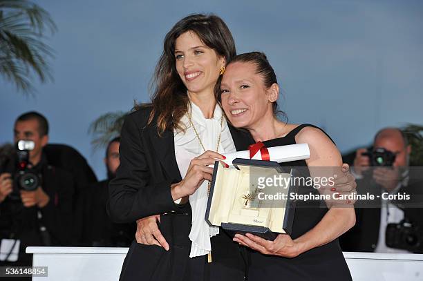 Maiwenn and Emmanuelle Bercot, winner of the Best Performance by an Actress award for her performance in 'Mon Roi' at a photocall for the winners of...