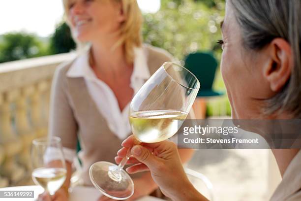 two women drinking of white wine on a sunny terrace - wijn proeven stockfoto's en -beelden