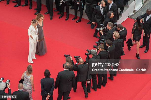 Valeria Bruni Tedeschi and Valerie Golino attends at the closing ceremony and 'Le Glace Et Le Ciel' Premiere during the 68th annual Cannes Film...