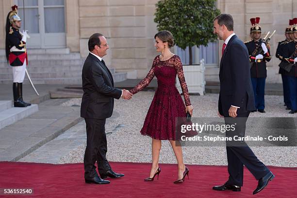 President of France François Hollande receives Her Majesty The Queen Letizia of Spain and His Majesty The King Felipe VI of Spain for the State...