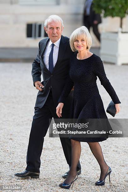 Elizabeth Guigou and her husband arrive at the State Dinner offered by French President François Hollande at the Elysee Palace on June 2, 2015 in...