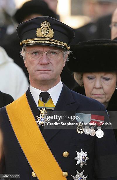 King Carl Gustaf of Sweden attends the funeral of Grand Duchess of Luxembourg Josephine-Charlotte, daughter of former Belgian King Leopold III and...