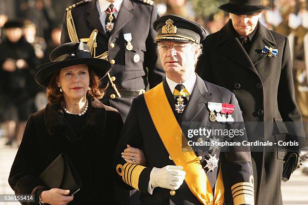 King Carl Gustaf and HRH Queen Silvia of Sweden attend the funeral of Grand Duchess of Luxembourg Josephine-Charlotte, daughter of former Belgian...
