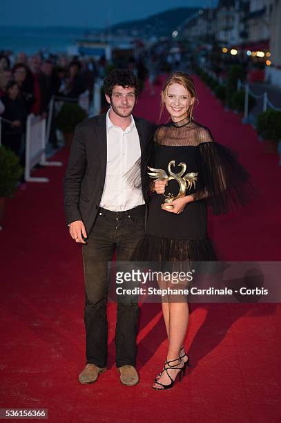 Josephine Japy poses with Felix Moati as she was awarded Best Female Newcomer during the closing Ceremony of the 29th Cabourg Romantic Film Festival...
