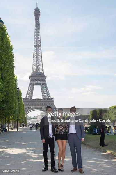 Nat Wolff, John Green and Cara Delevingne attend the photocall of the movie 'Paper Towns' on the Champs De Mars on June 17, 2015 in Paris, France.